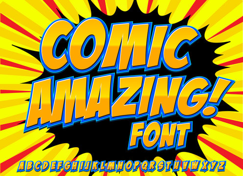 Comic alphabet set. Letters, numbers and figures for kids' illustrations, websites, comics, banners