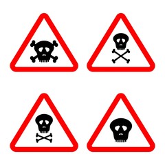 A set of white warning signs with red contour and a human skull with bones crossover on a white background