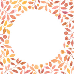 frame with branches and berries.orange floral border.postcard.watercolor hand drawn illustration.