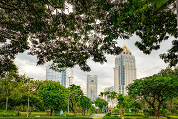 View of Bangkok skyline from Lumphini Park, Thailand. Business district cityscape from a park with cloudy sky in the evening