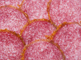 Salami sausage background or texture