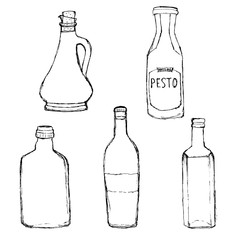 Various Bottles. Olive oil bottle, pesto dressing bottle, home wine bottle. Hand drawn grunge vector set. 