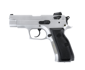 Stainless steel automatic 9 m.m handgun pistol isolated on white