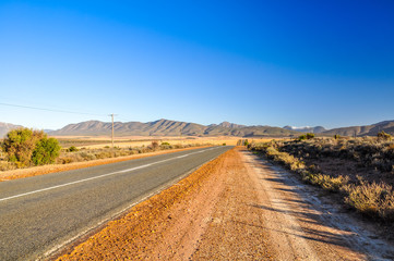 Fototapeta na wymiar Route 62 road near Oudtshoorn in the evening light. Western Cape province, The Karoo, South Africa. Oudtshoorn is known for many ostrich farms. In the background you can see Swartberg mountain range.