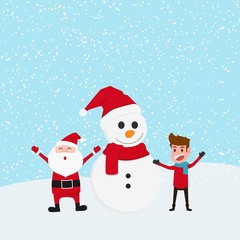 Cute snowman with Santa Claus and boy for Merry Christmas celebrations. Cartoon Vector Illustration.
