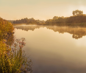 Fototapeta na wymiar Foggy sunrise on a small river