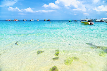 Colorful Speed Boats on Turquoise Water of Koh Larn in Thailand