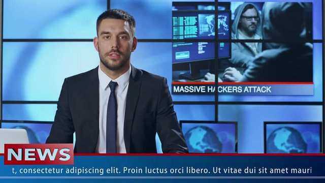 Male News Presenter Speaking About Hacker Attack. Shot on RED Cinema Camera in 4K (UHD).