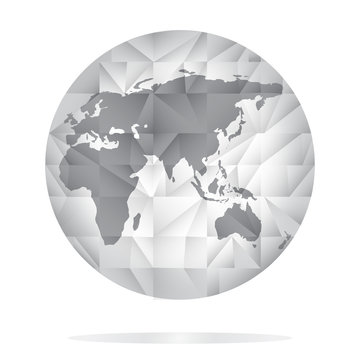 Globe icon in grey color. World map background in polygonal style. Stock vector. Flat design. 