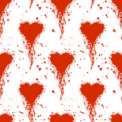 Vector seamless pattern with hand drawn heart. Artistic creative black and red graphic illustration with inc splash, blots and smudge.