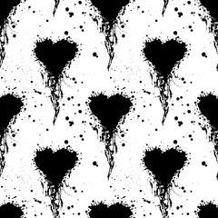 Vector seamless pattern with hand drawn heart. Artistic creative black and white graphic illustration with inc splash, blots and smudge.