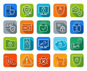 Information protection, contour icons, colored, flat.Information technology, data security system. Vector, white, contour icons on color background with a shadow.  