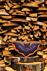 Bat, halloween homemade gingerbread cookies on wooden background. Halloween concept.  Free place for text.