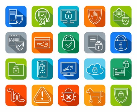Information protection, contour icons, colored, flat.Information technology, data security system. Vector, white, contour icons on color background with a shadow.  