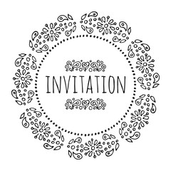 Round frame. in the style of Bo-Ho. A template for creating holiday greetings, invitations, greeting cards.Vector monochrome image. Line graph.