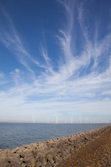 View of windpark in the Dutch Noordoostpolder, Flevoland and the