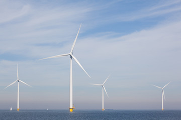 View of windpark in the Dutch Noordoostpolder, Flevoland and the