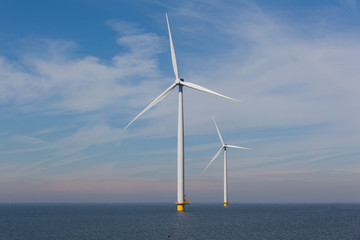 View of two windturbines in the Dutch Noordoostpolder, Flevoland © esbobeldijk