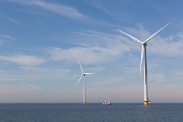 View of two windturbines in the Dutch Noordoostpolder, Flevoland