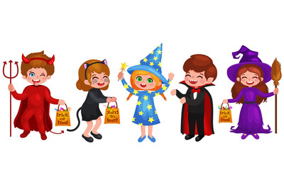 Happy Halloween. Set of cute cartoon children in colorful halloween costumes: Dracula, girl dressed as a pumpkin, sorceress, devil , witch , cat