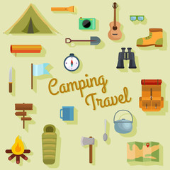 camping travel vector set of flat icons.