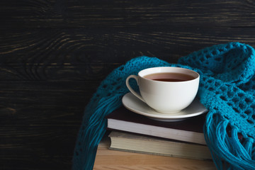 Warm knitted plaid, cup of tea and books