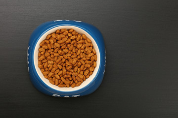 Dry cat food in ceramic bowl on black floor