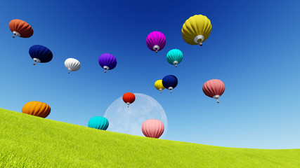 Moon balloons and spring green meadow. Nature composition. 3D rendering. This image elements furnished by NASA