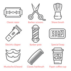 Vector thin line icons set with barber shop equipment and accessories for infographics and UX UI kit