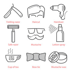 Vector thin line icons set with barber shop equipment and accessories for infographics and UX UI kit