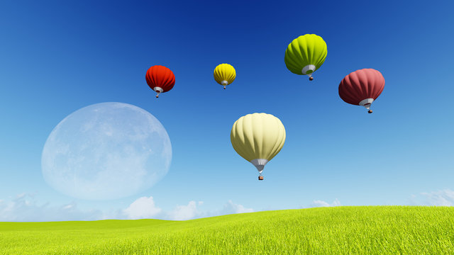 Moon balloons and spring green meadow. Nature composition. 3D rendering. This image elements furnished by NASA