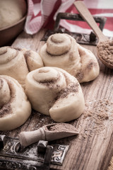 Making cinnamon buns. Homemade yeast dough after raising