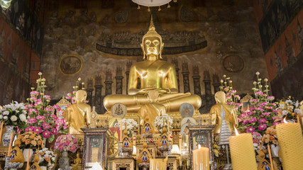 Buddha gold statue and thai art architecture in Wat Rakhang Khositaram ( Publice temple) In Bangkok ,Thailand.