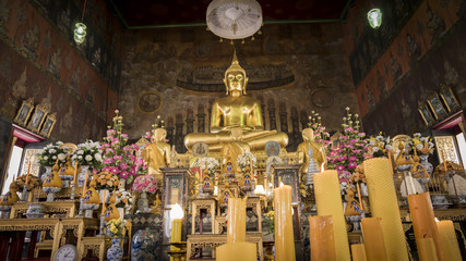  Buddha gold statue and thai art architecture in Wat Rakhang Khositaram ( Publice temple) In Bangkok ,Thailand.