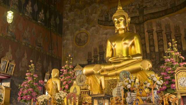   Buddha gold statue and thai art architecture in Wat Rakhang Khositaram ( Publice temple) In Bangkok ,Thailand.