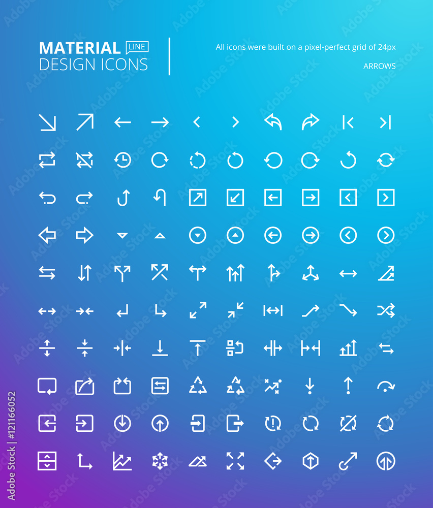 Poster set of material design line icons. pixel perfect arrow icons for navigation, business and media apps