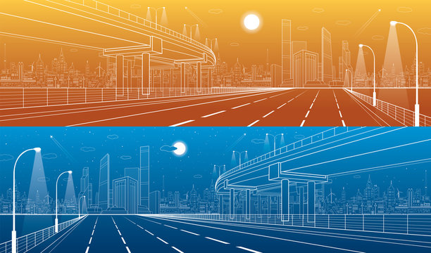 Automotive flyover, architectural and infrastructure panorama, transport overpass, highway. Business center, night city, towers and skyscrapers, white lines urban scene, day and vector design art