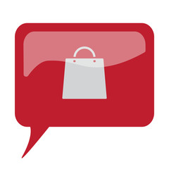 Red speech bubble with white Shopping Bag icon on white backgrou