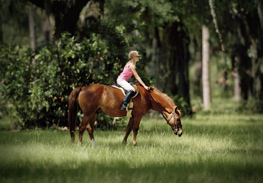 Teenage girl sitting on a horse while it grazes.