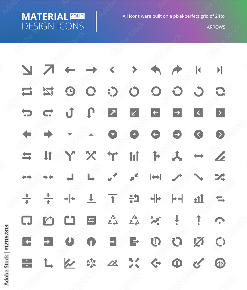 Poster material design solid icons set. premium quality pixel perfect arrow icons for web and app design de