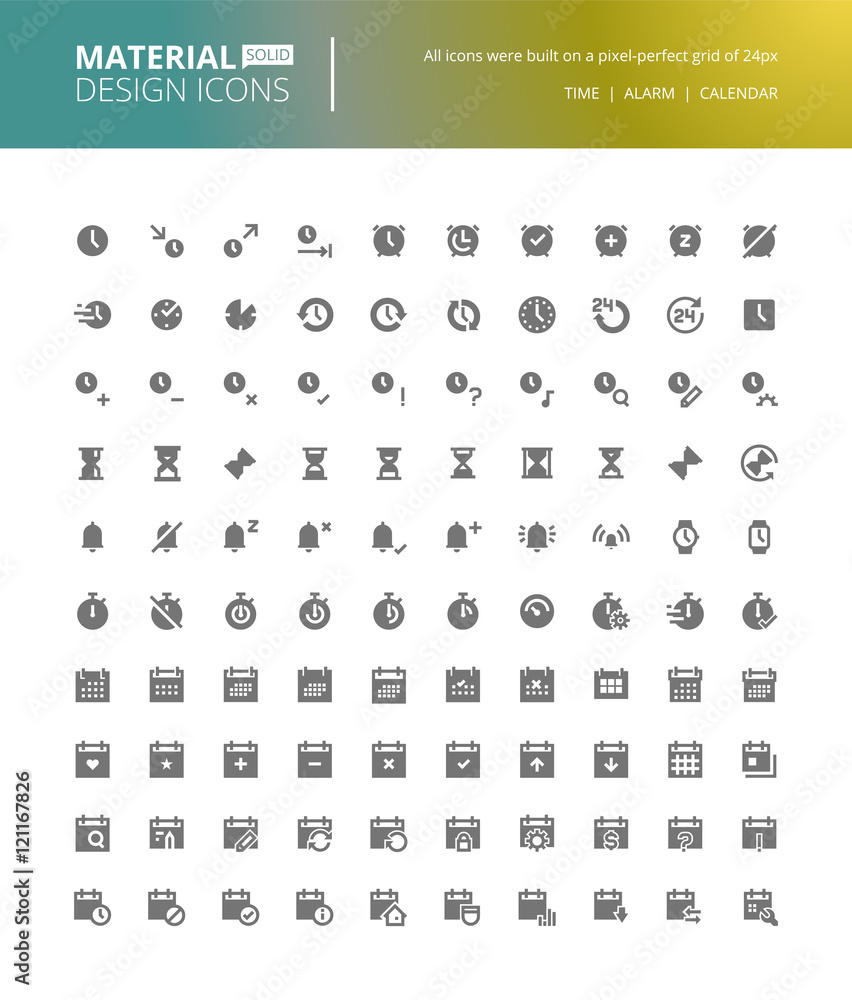 Poster material design solid icons set. premium quality pixel perfect icons of time and date tools, time ma