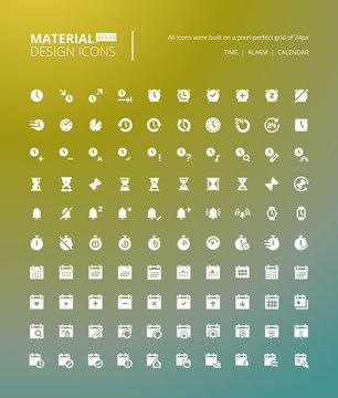 Pixel Perfect Solid Material Design Icons. Set Of Premium Quality Icon For Time And Date, Alarm, Calendar, Events, Reminder, Organization, Schedule, To Do List.