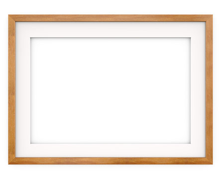 Wooden Frame. Flat Profile. 3D render of Classic Wooden Frame with white Passe-partout. Blank for Copy Space.