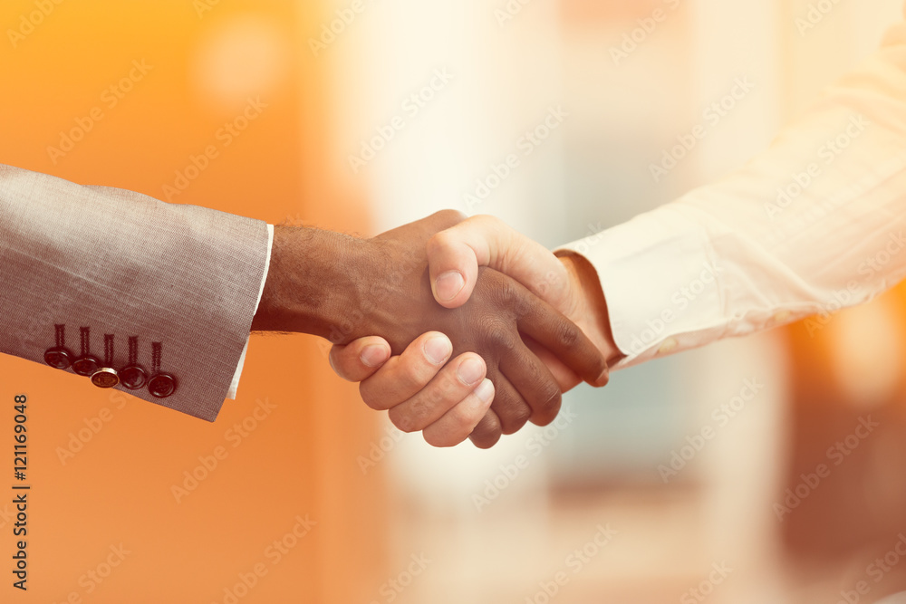 Wall mural handshake between african and a caucasian man