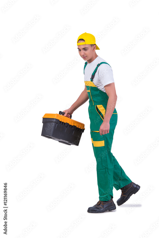 Wall mural young man with toolkit toolbox isolated on white