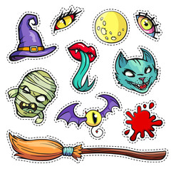 Colorful patch badges of different Halloween attributes. Hand-drawn quirky stickers in old cartoon comic style. Set with witch hat and broom, cat, mummy, monster eyes, bloodstain, moon, lips.