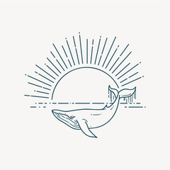 Modern flat linear vector illustration with Whale and sunrise
