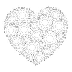 Heart shape mosaic of cog wheels. Looks like clockwork heart or love machine. White cogs with thin black outline on white background.