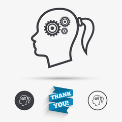 Head with gears sign icon. Female woman head