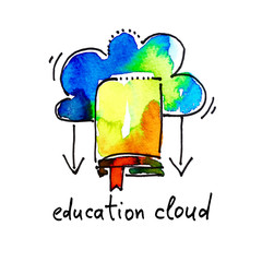 sketch watercolor icon of education cloud, distance and online l